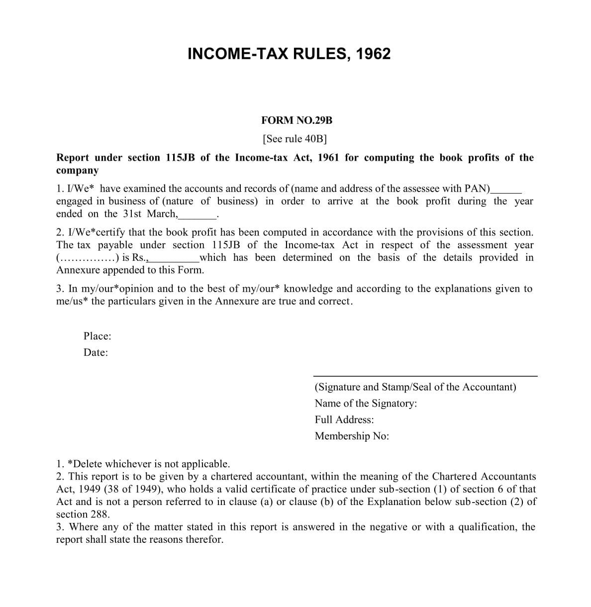 Income Tax Form No.29B Download Report under section 115JB of the Income-tax Act,