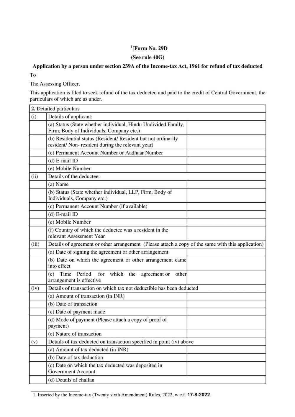 Income Tax Form No.29D Download Application by a person under section 239A of the Income-tax Act,