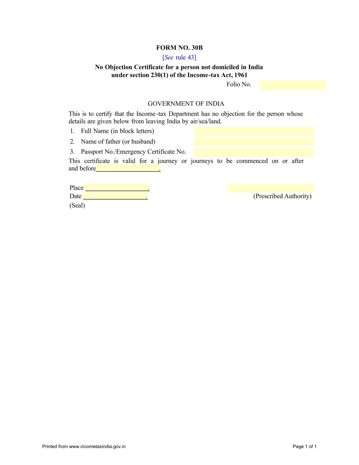 Income Tax Form No.30B Download No Objection Certificate for a person not domiciled in India under section