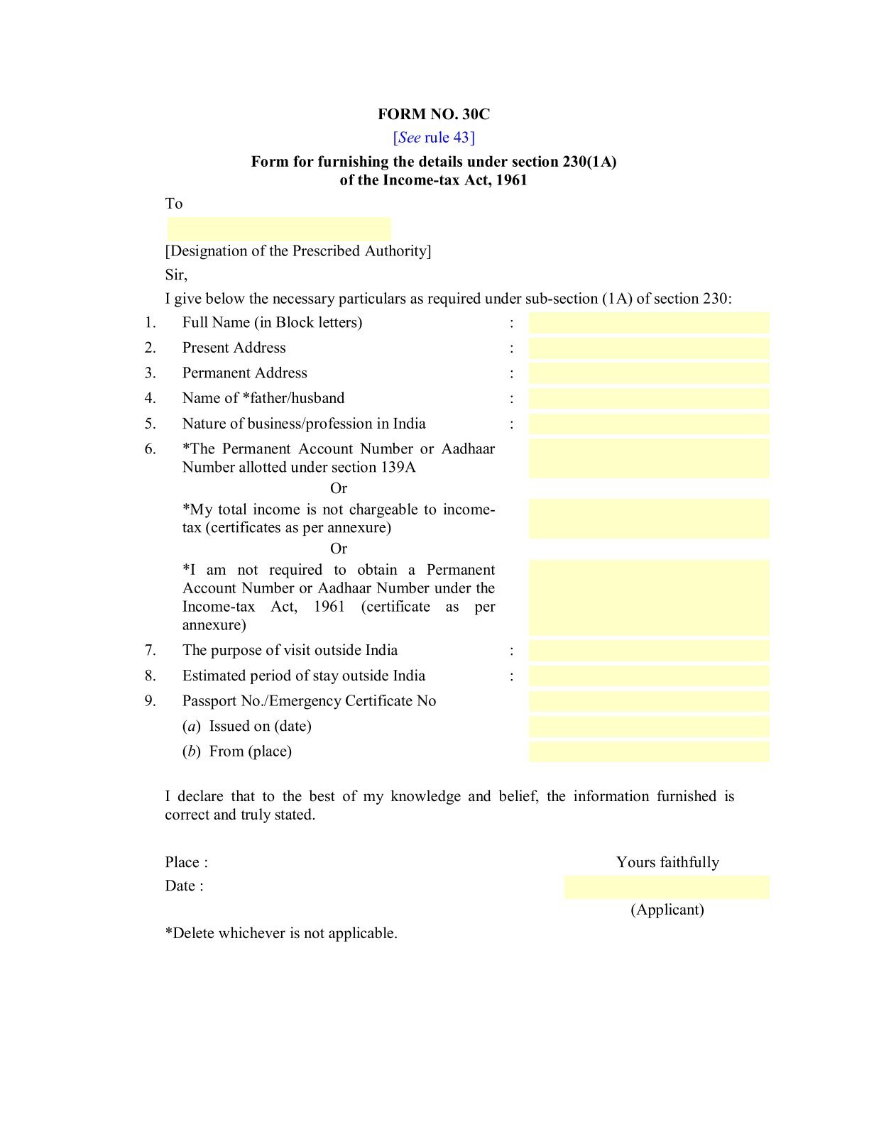 Income Tax Form No.30C Download Form for furnishing the details under section 230(1A)