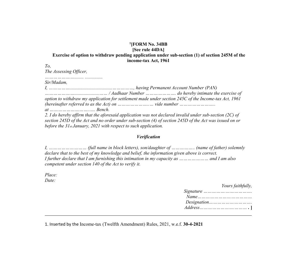 Income Tax Form No.34BB Download Exercise of option to withdraw pending application under sub-section (1)