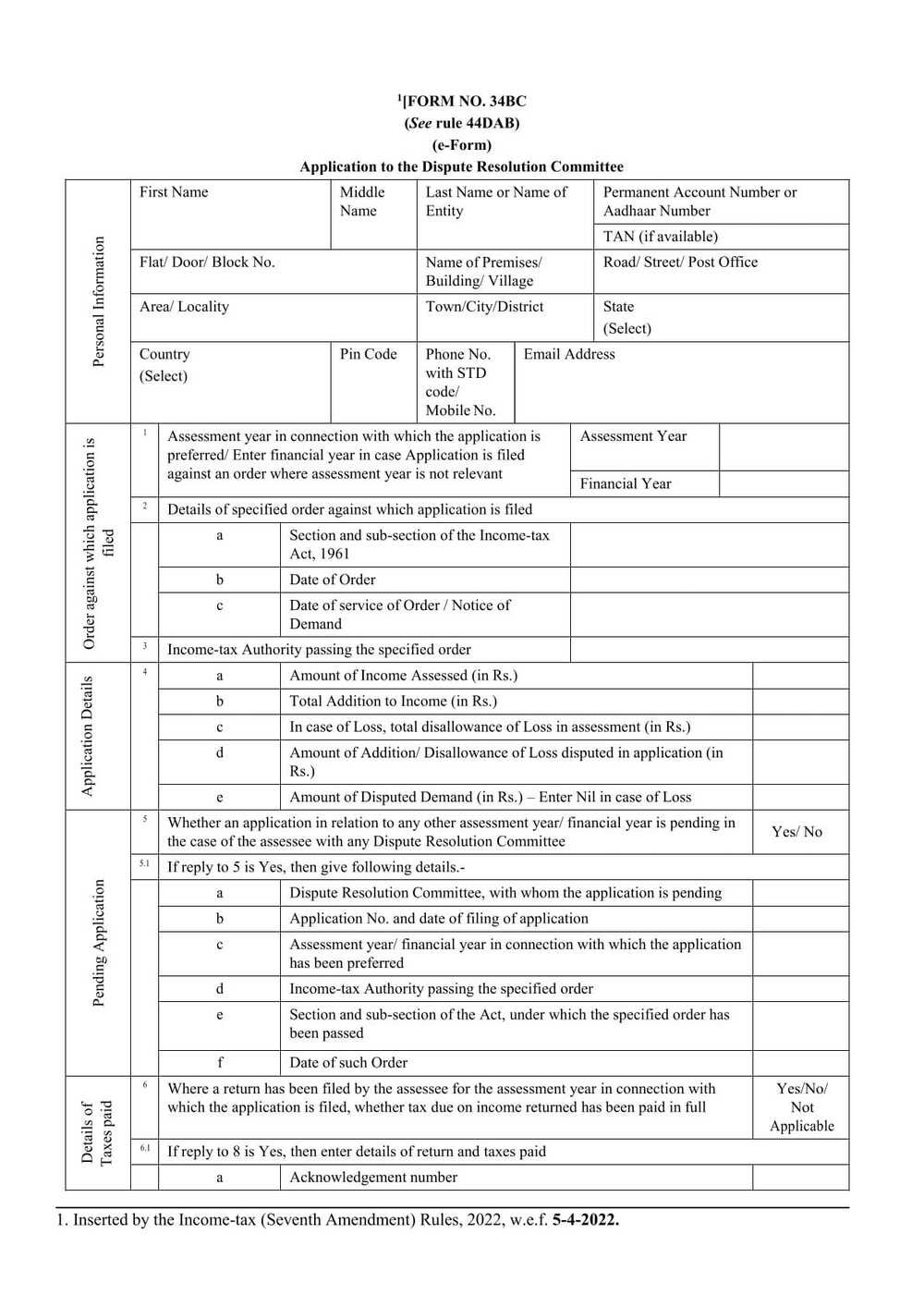 Income Tax Form No.34BC Download Application to the Dispute Resolution Committee