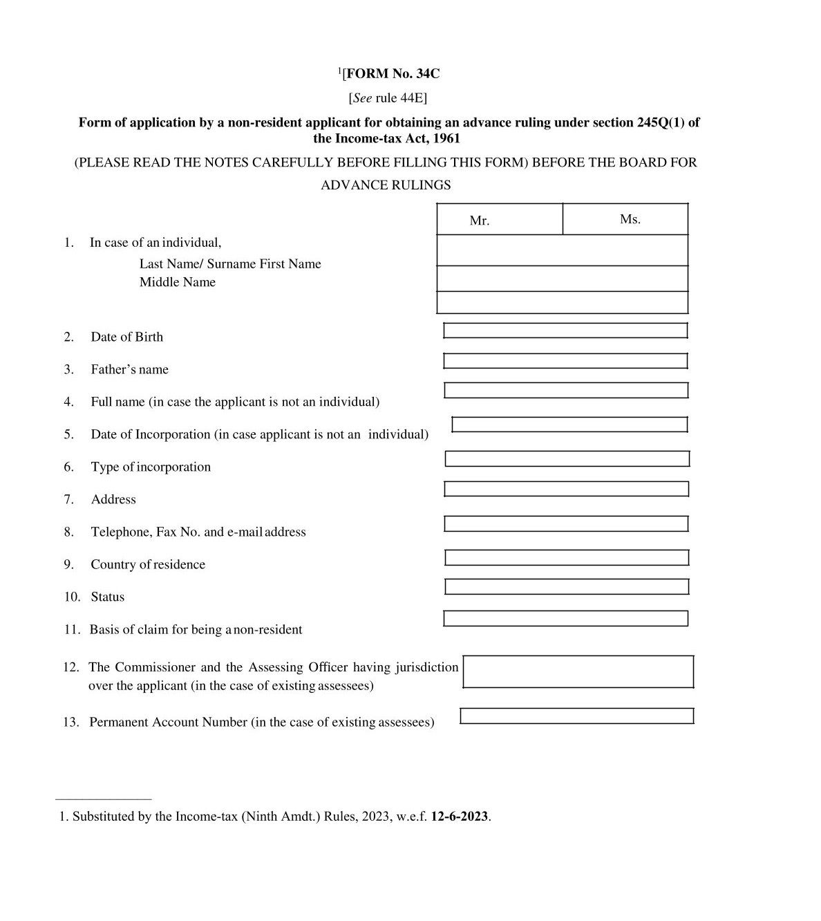 Income Tax Form No.34C Downlaod Form of application by a non-resident applicant for obtaining