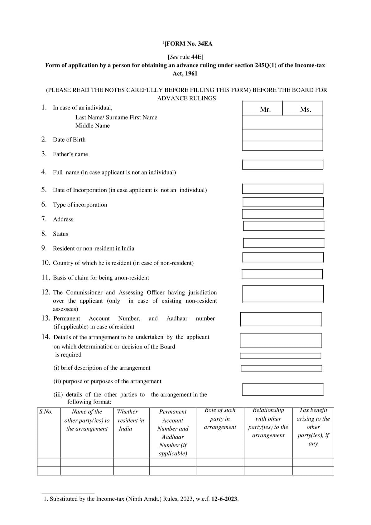 Income Tax Form No.34EA Download Form of application by a person for obtaining an advance