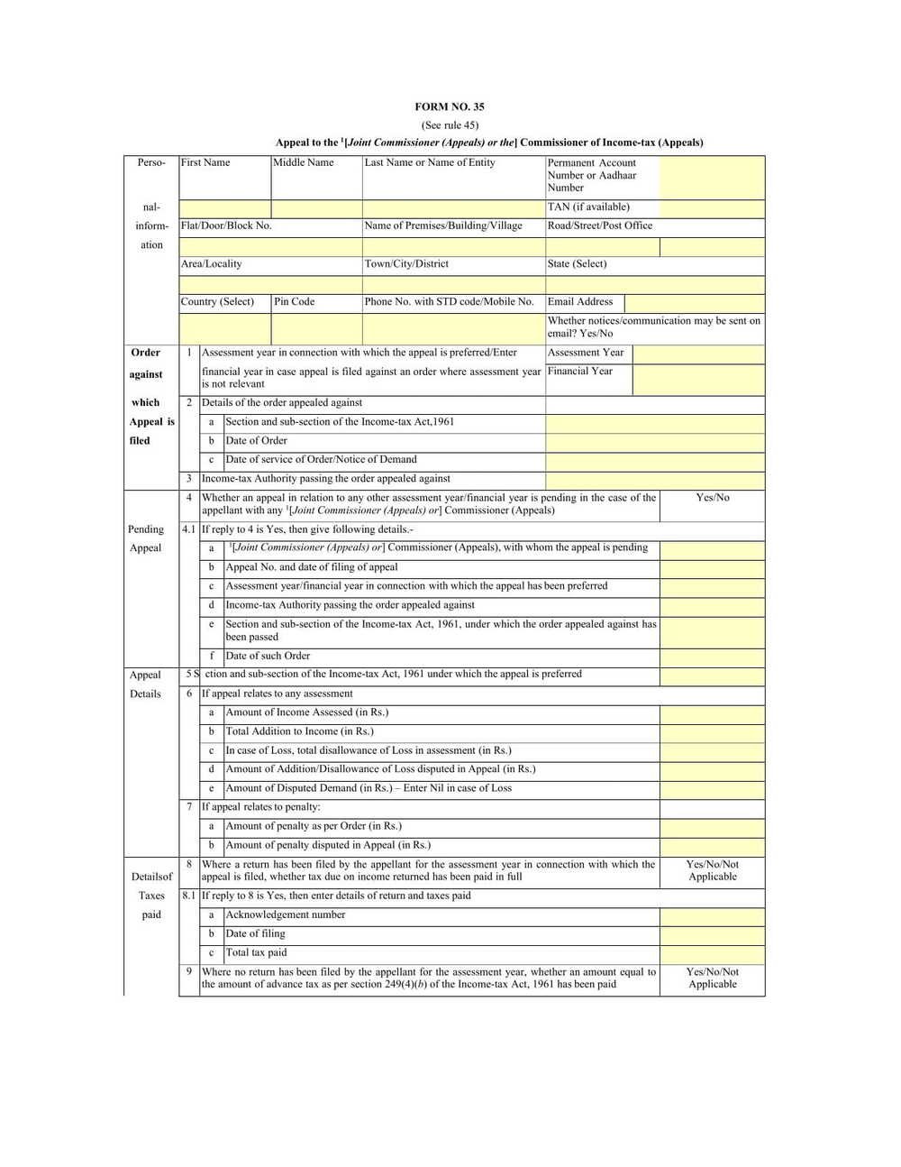 Income Tax Form No.35 Download Appeal to the Joint Commissioner (Appeals) or the Commissioner of Income-tax (Appeals)