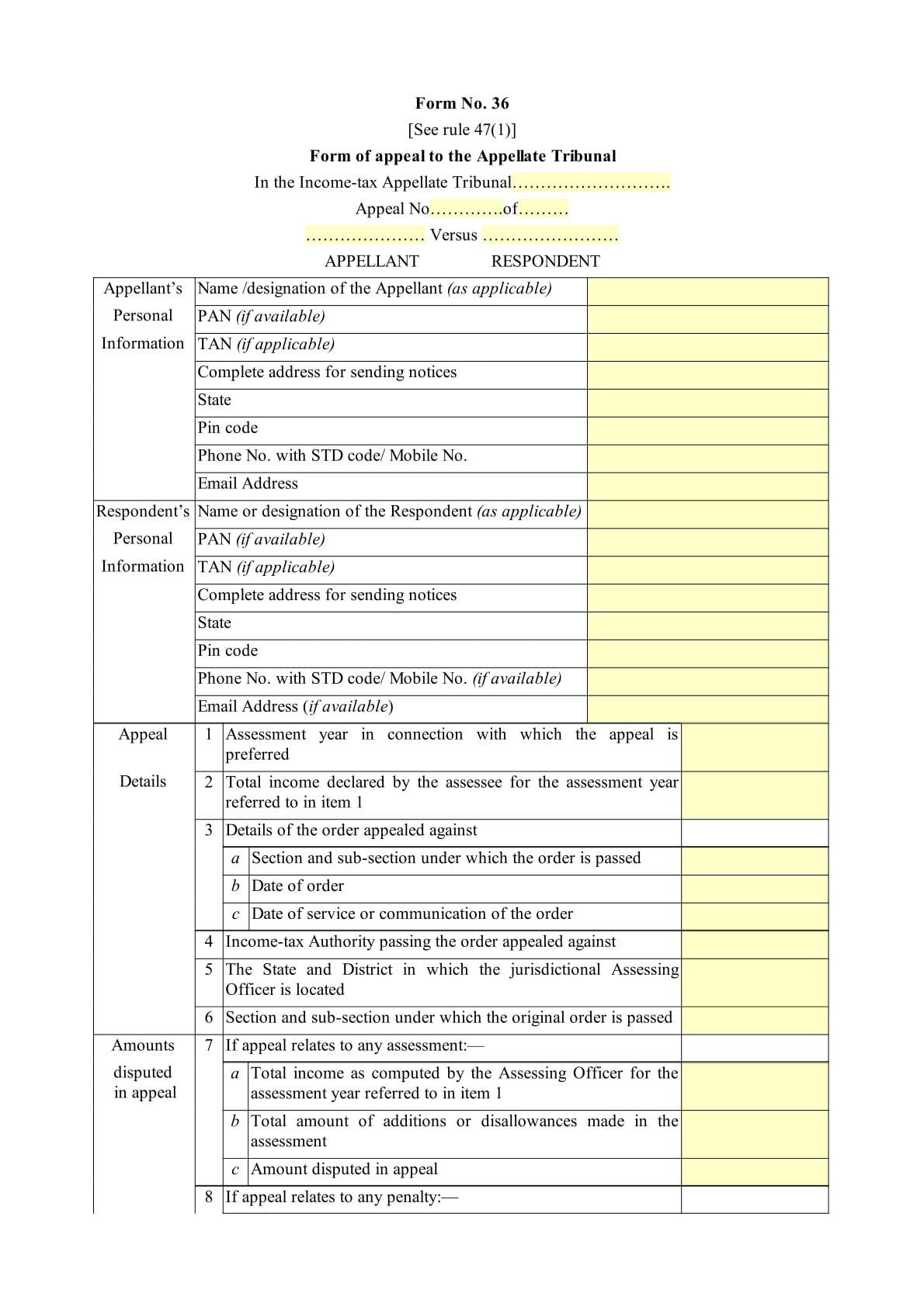 Income Tax Form No.36 Download Form of appeal to the Appellate Tribunal