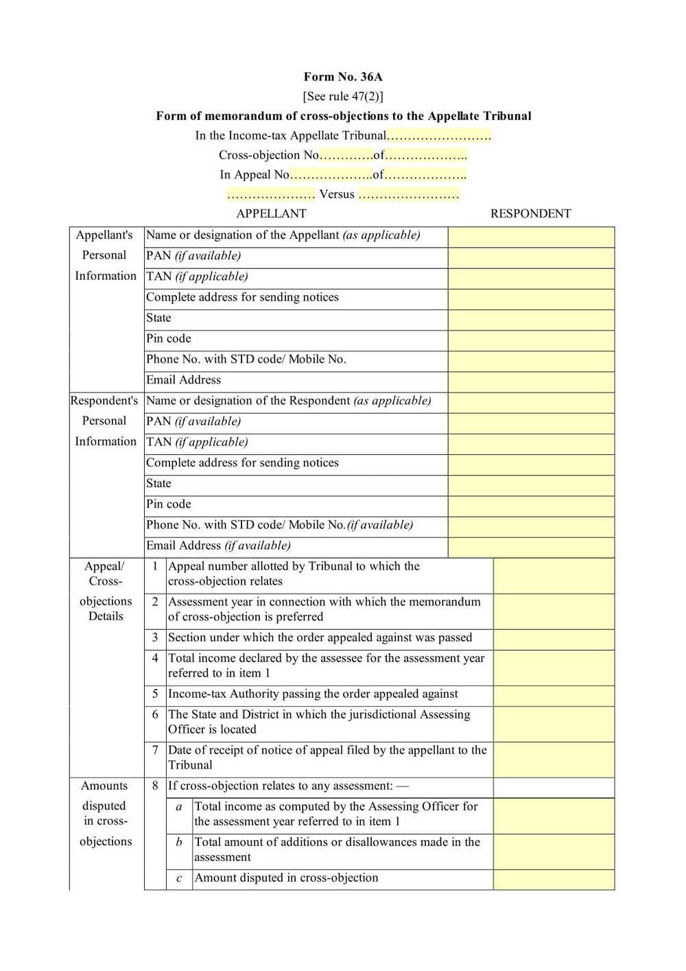 Income Tax Form No.36A Form of memorandum of cross-objections to the Appellate Tribunal