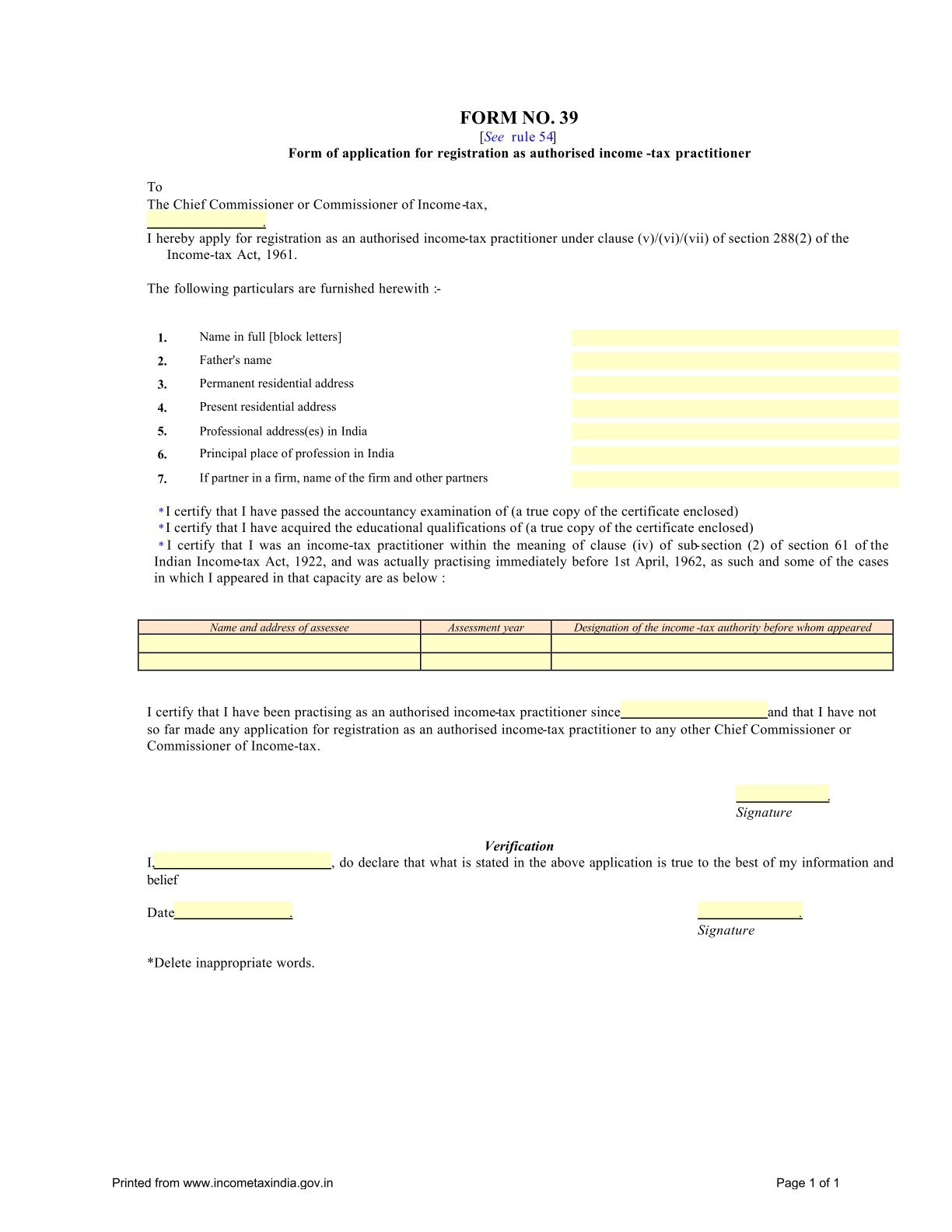 Income Tax Form No.39 Download Form of application for registration as authorised income- tax practitioner