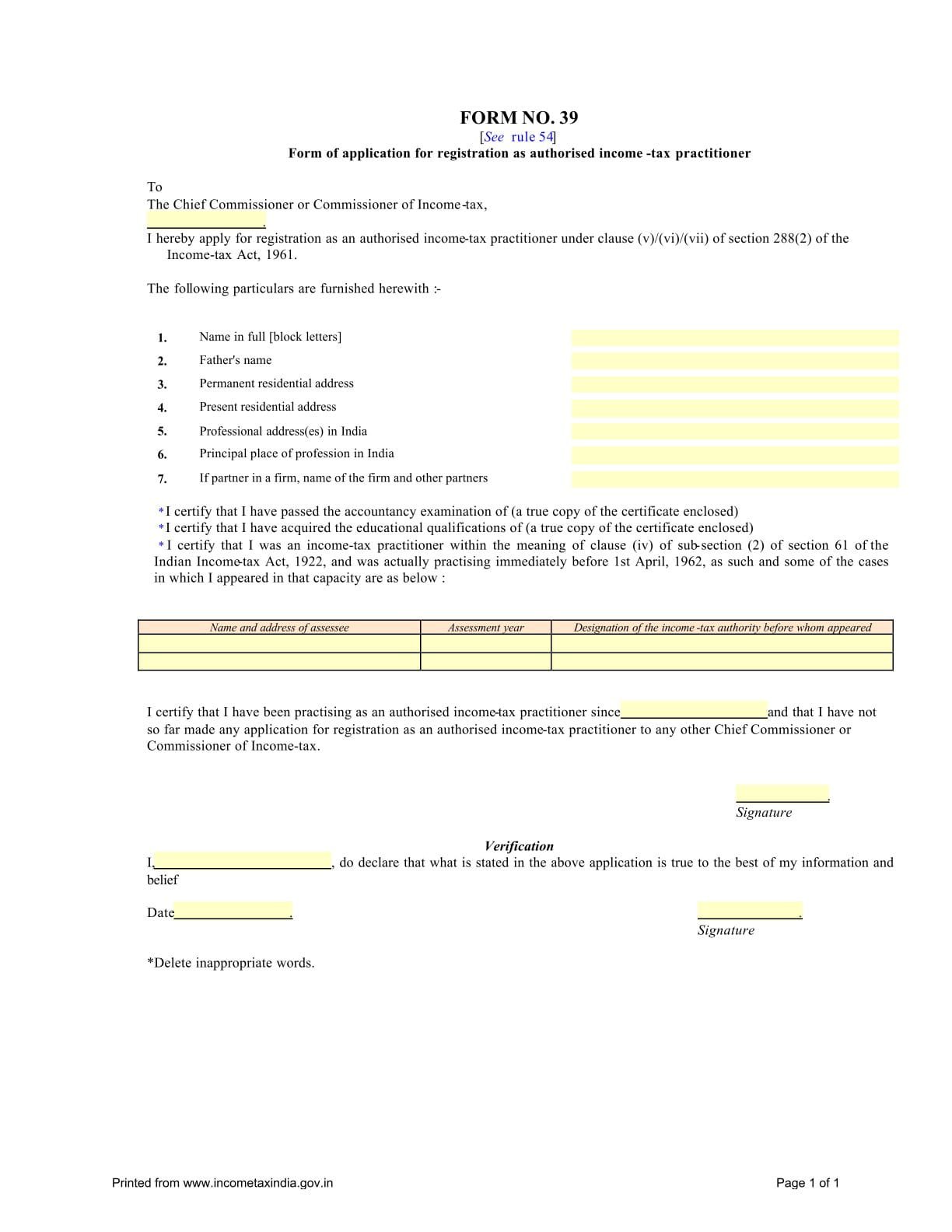 Income Tax Form No.39 Download Form of application for registration as authorised income- tax practitioner