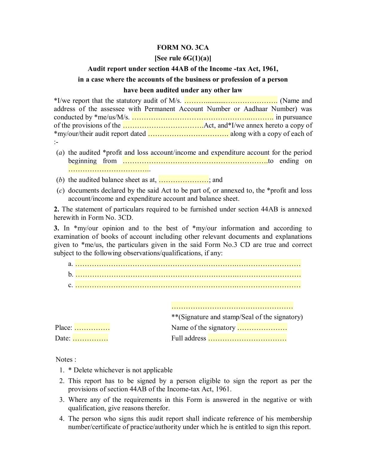 Income Tax Form No.3CA Download Audit report under section 44AB of the Income -tax