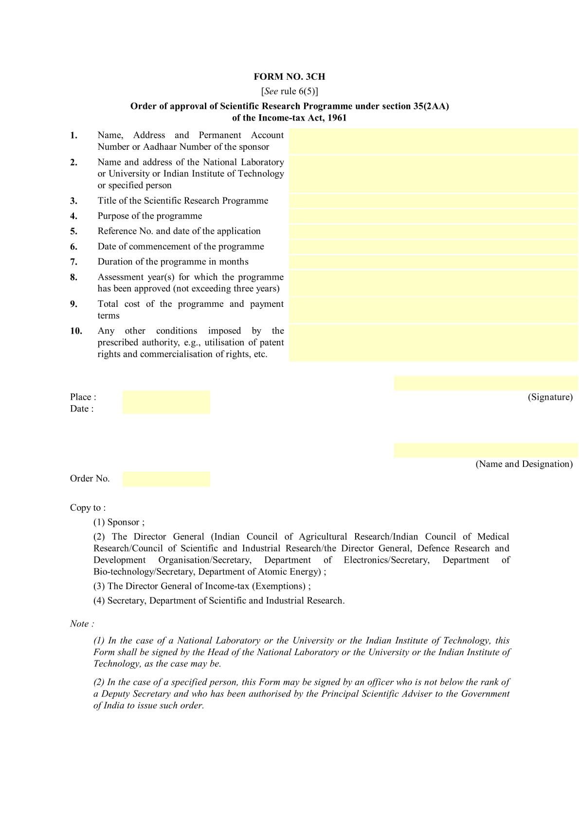 Income Tax Form No.3CH Download Order of approval of Scientific Research Programme