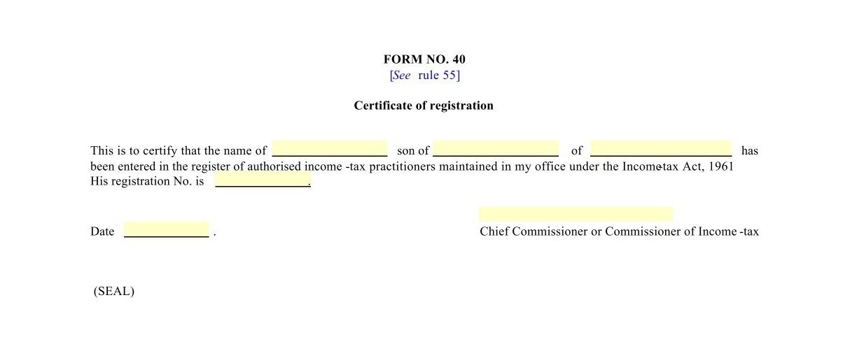 Income Tax Form No.40 Download Certificate of registration