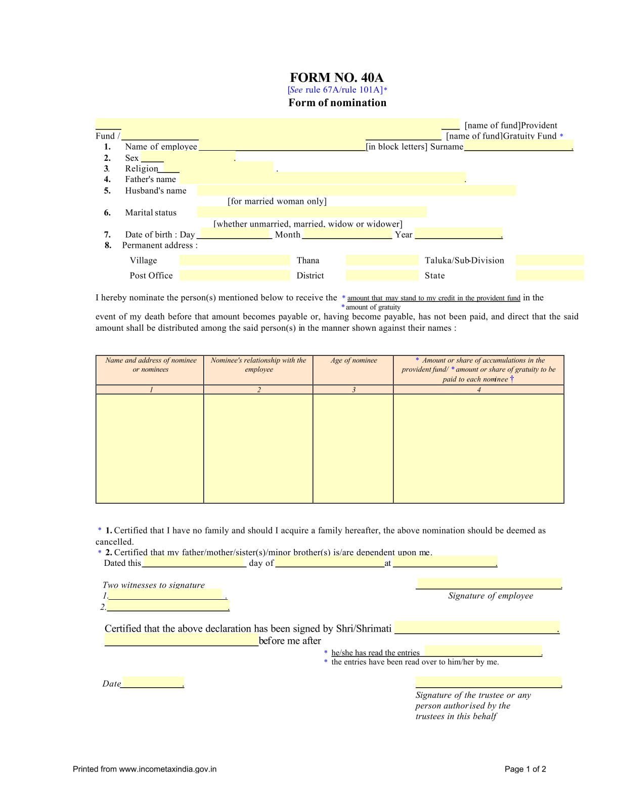 Income Tax Form No.40A Download Form of nomination