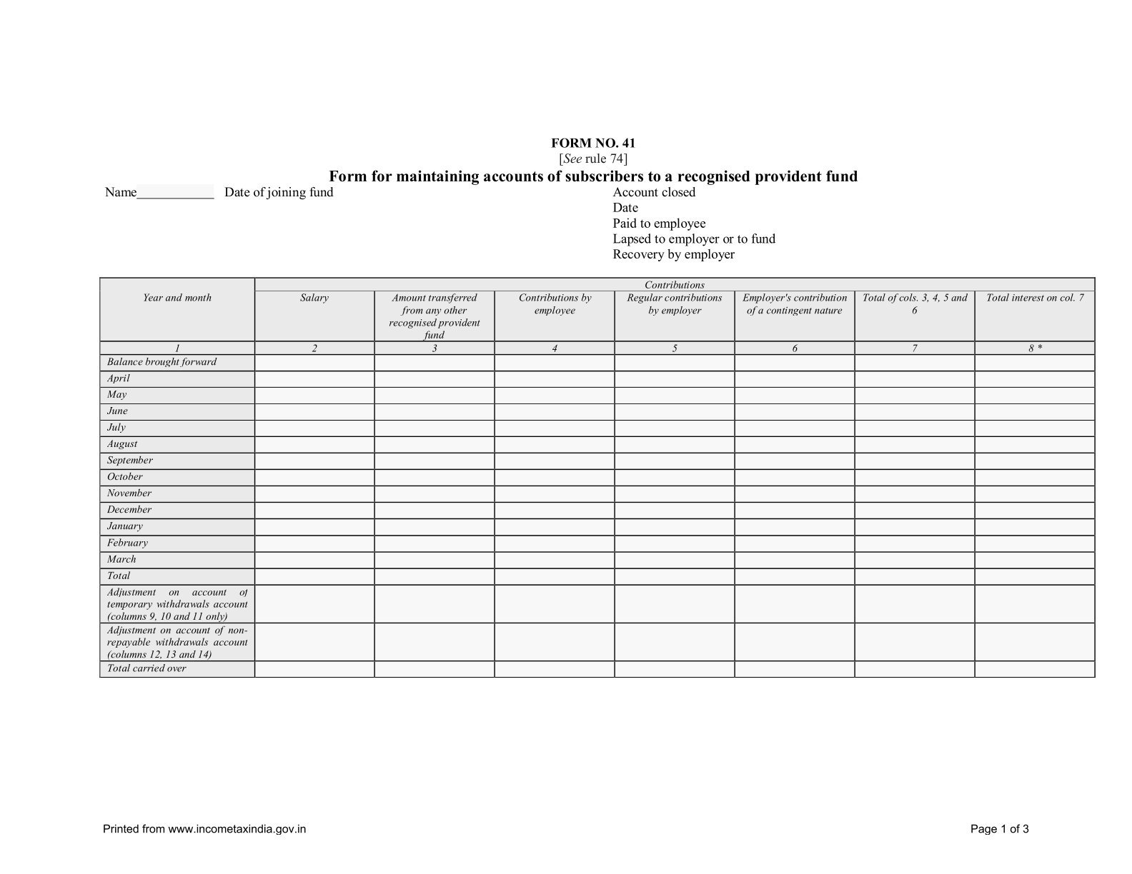 Income Tax Form No.41 Download Form for maintaining accounts of subscribers to a recognised provident fund