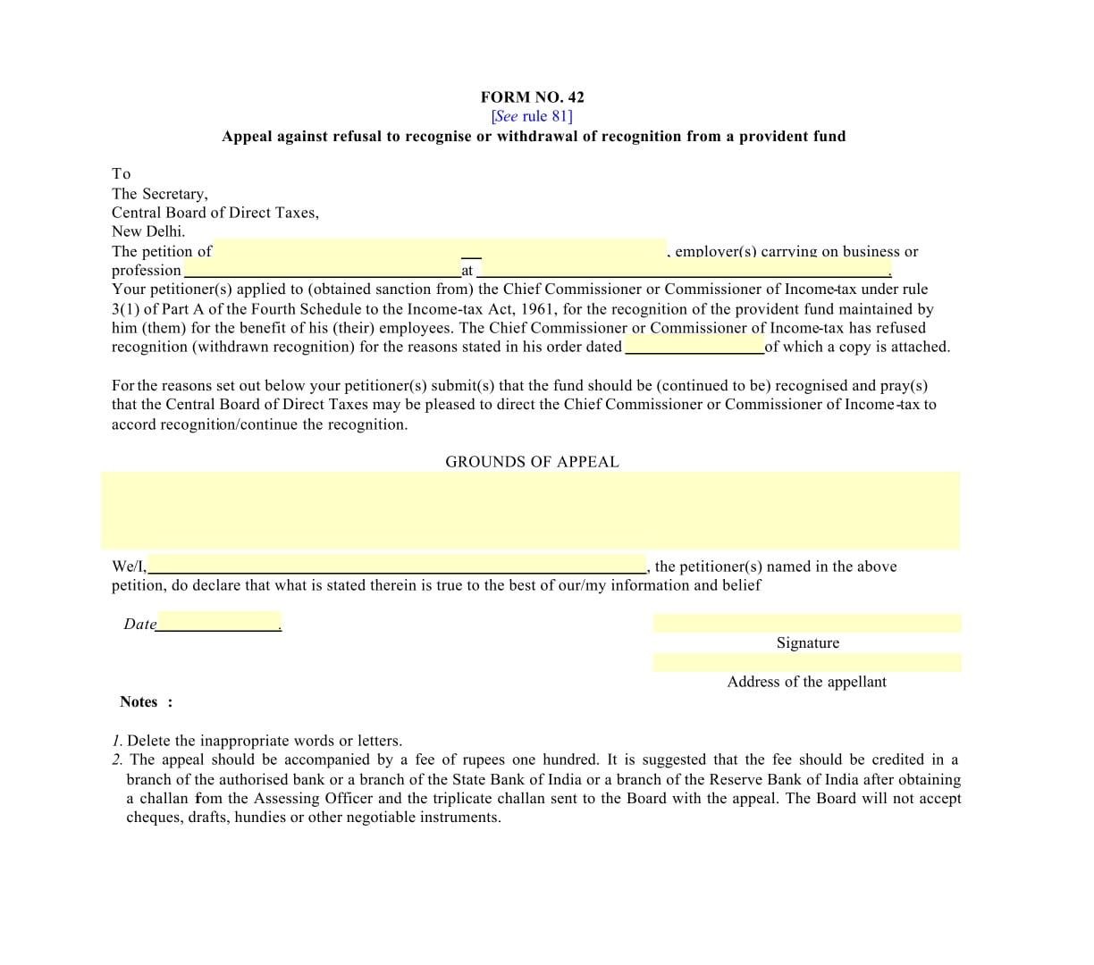 Income Tax Form No.42 Download Appeal against refusal to recognise or withdrawal of recognition from a provident fund
