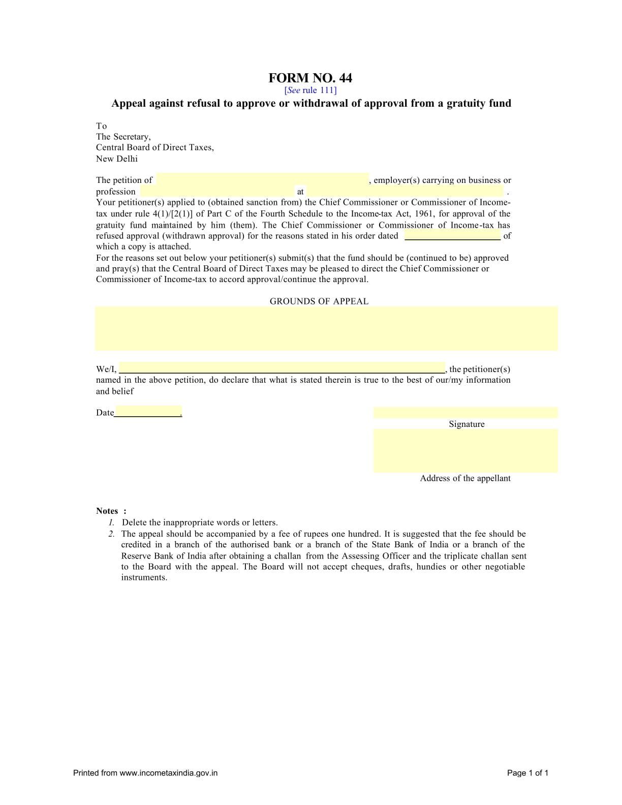 Income Tax Form No.44 Download Appeal against refusal to approve or withdrawal of approval from a gratuity fund