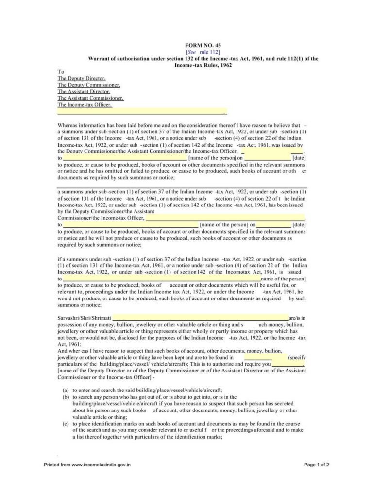 Bi 132 Form.pdf Income Tax Form No.45 Download Warrant of authorisation under section ...