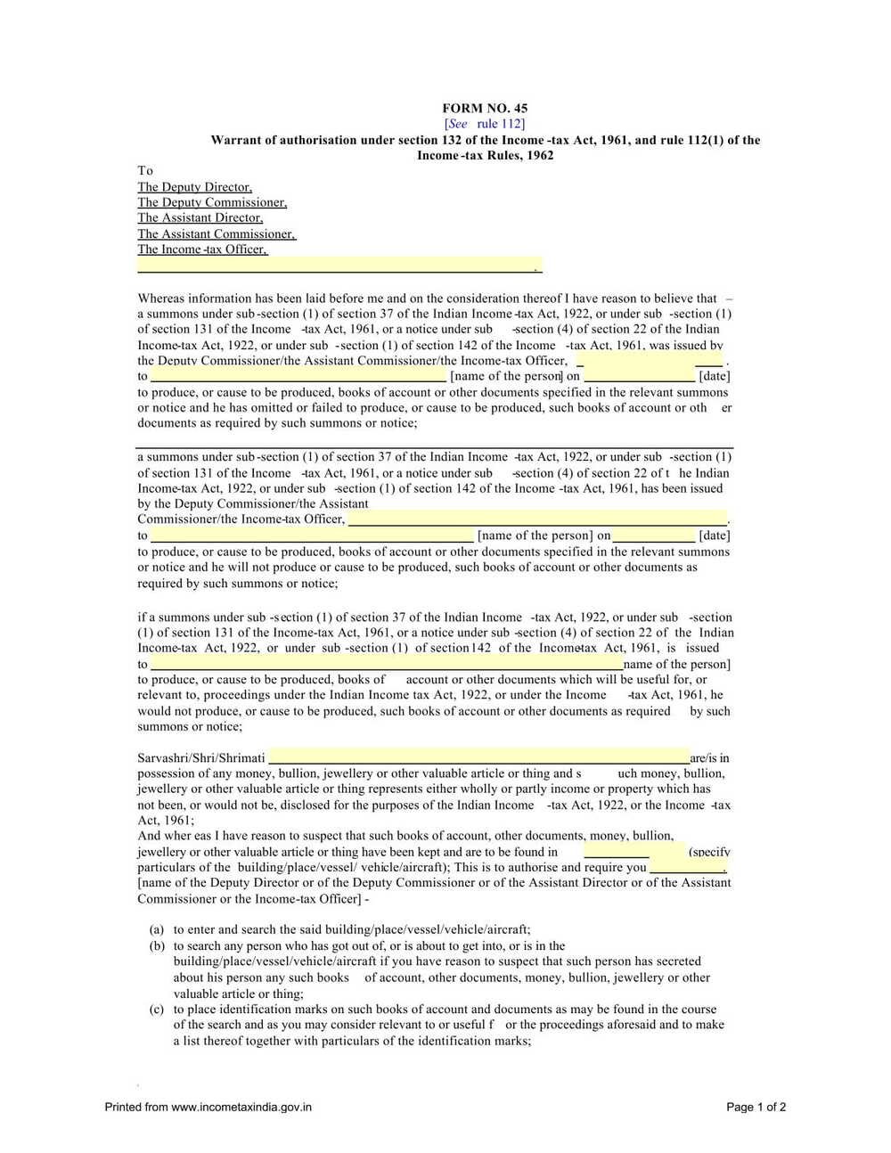Income Tax Form No.45 Download Warrant of authorisation under section 132 of the Income -tax Act