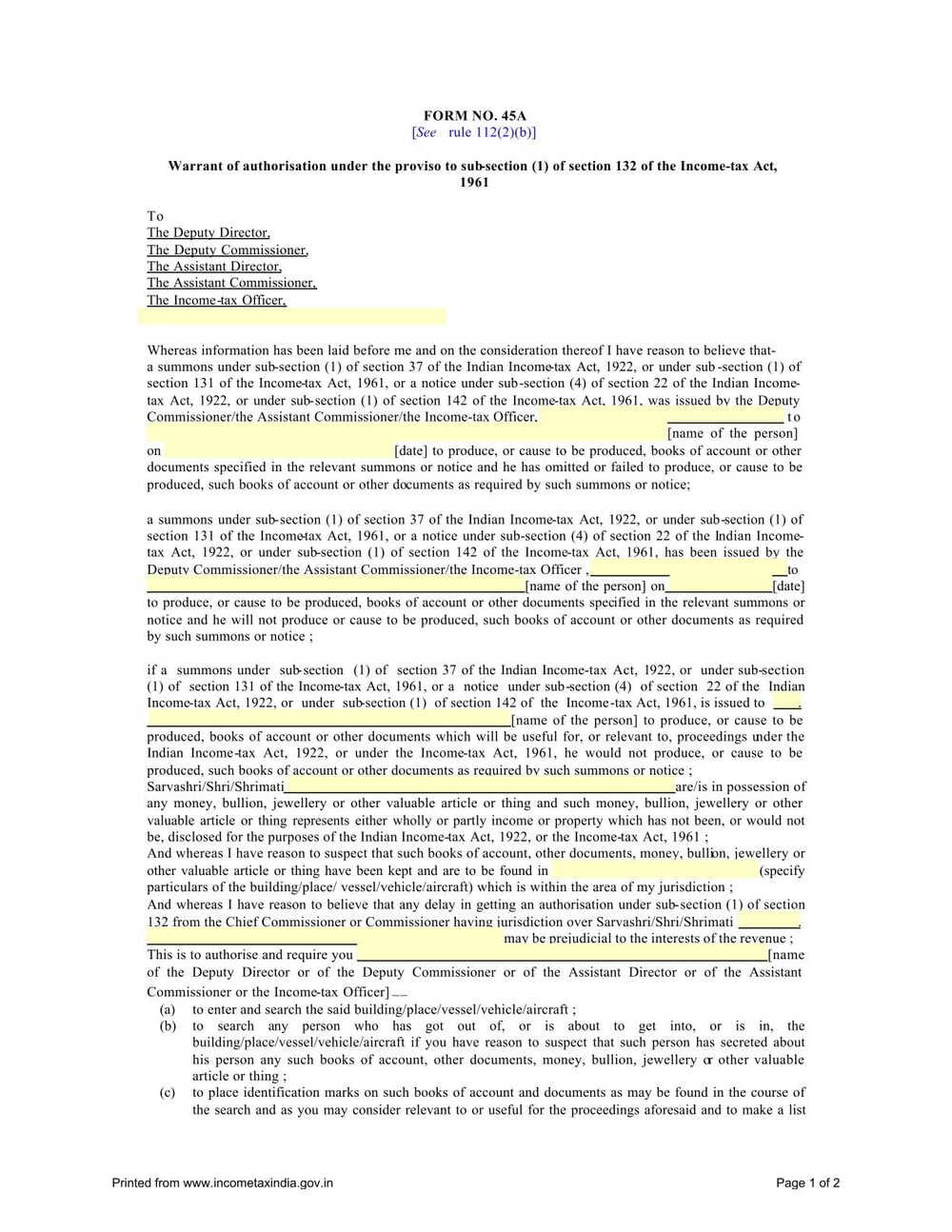 Income Tax Form No.45A Download Warrant of authorisation under the proviso to sub-section (1)