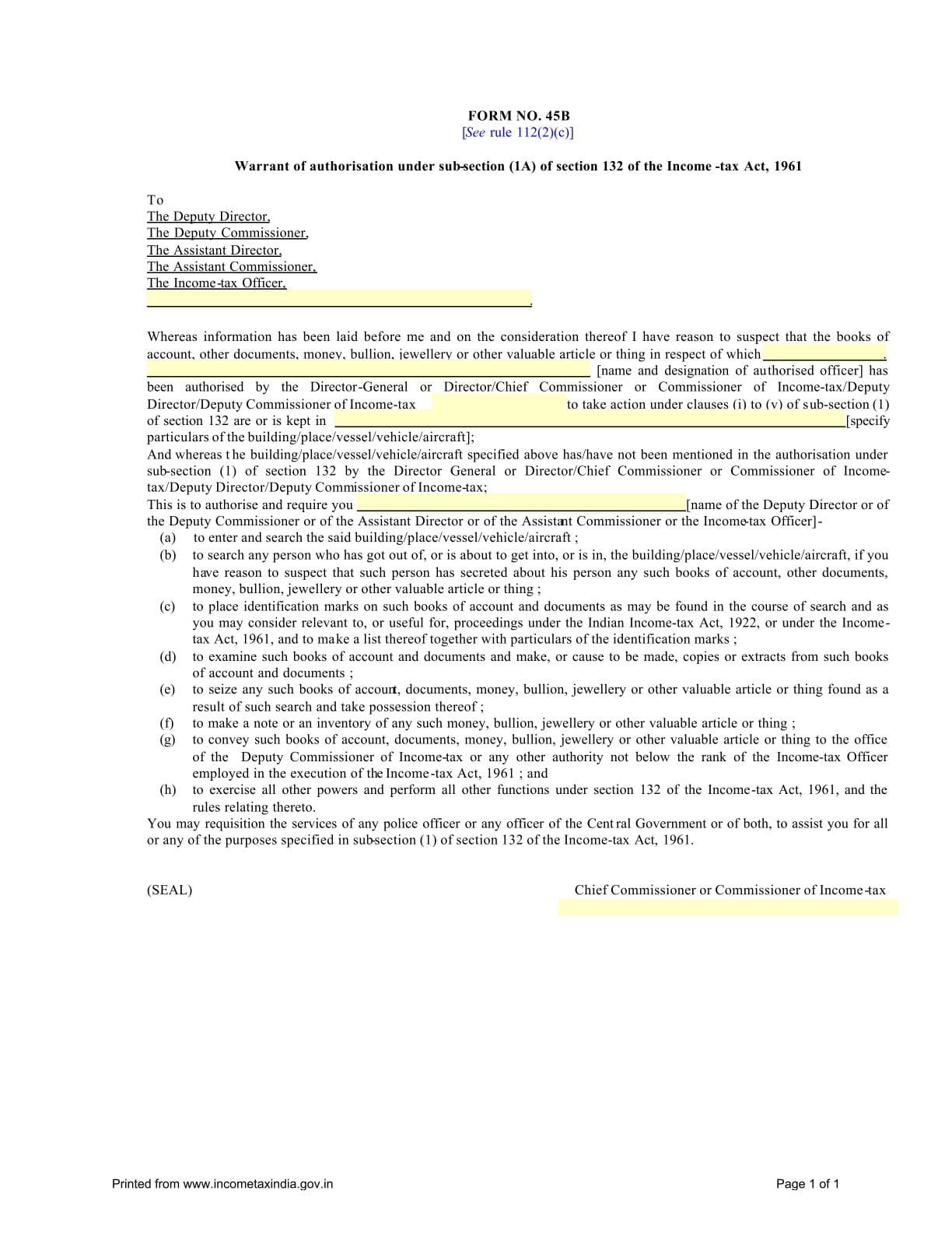 Income Tax Form No.45B Download Warrant of authorisation under sub-section (1A)