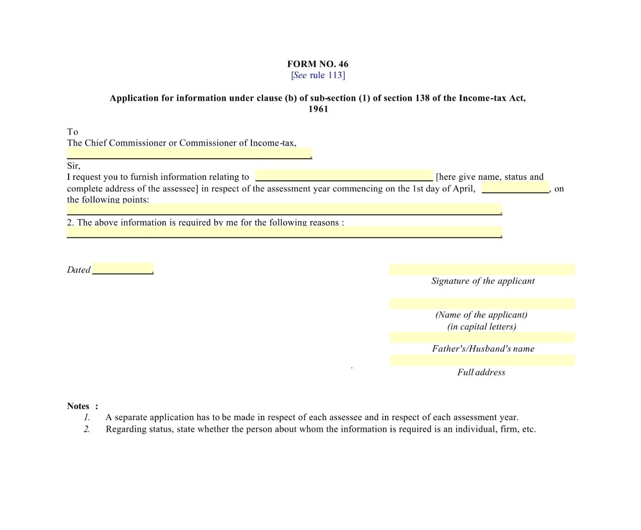 Income Tax Form No.46 Download Application for information under clause (b) of sub-section (1)