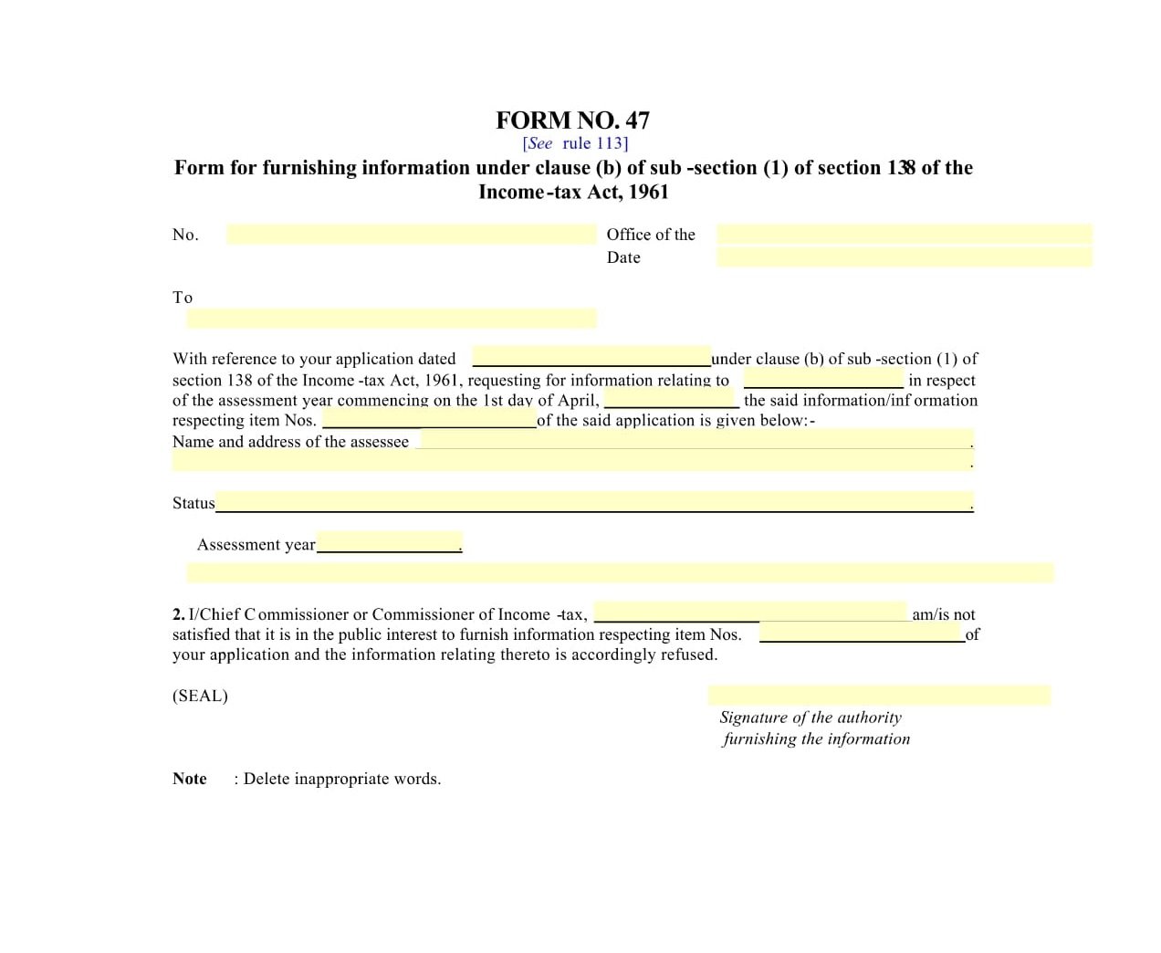 Income Tax Form No.47 Download Form for furnishing information under clause (b) of sub-section (1)