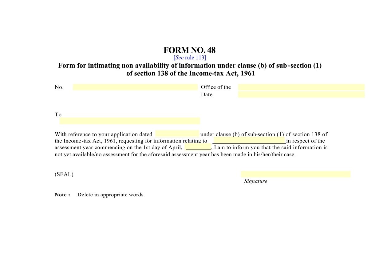 Income Tax Form No.48 Download Form for intimating non-availability of information under clause (b)