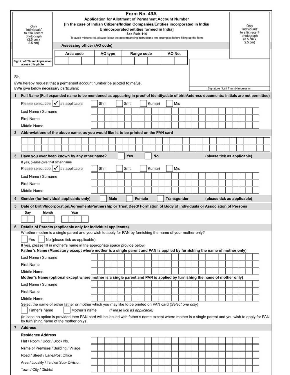 Income Tax Form No.49A Download Application for Allotment of Permanent Account Number