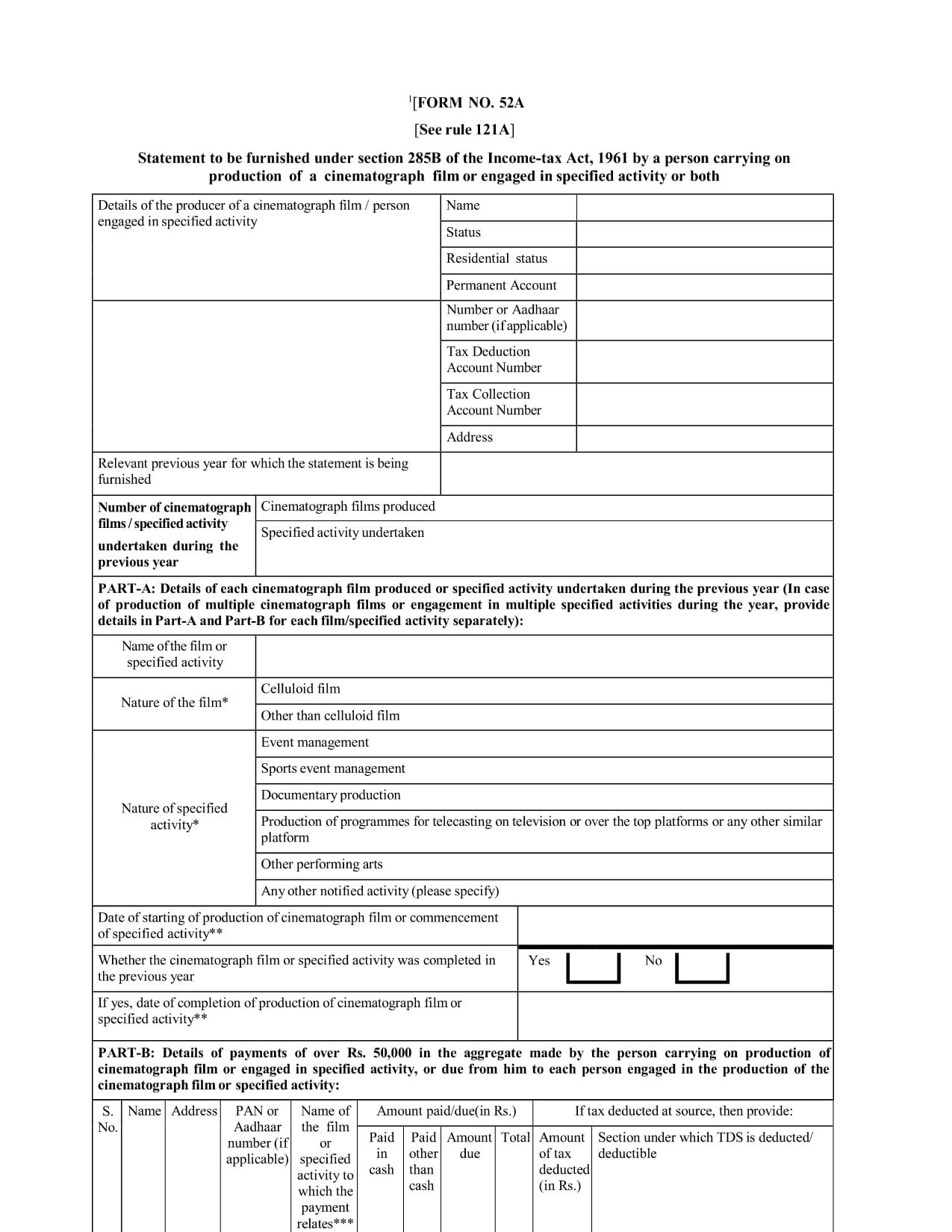 Income Tax Form No.52A Download Statement to be furnished under section 285B of the Income-tax Act,