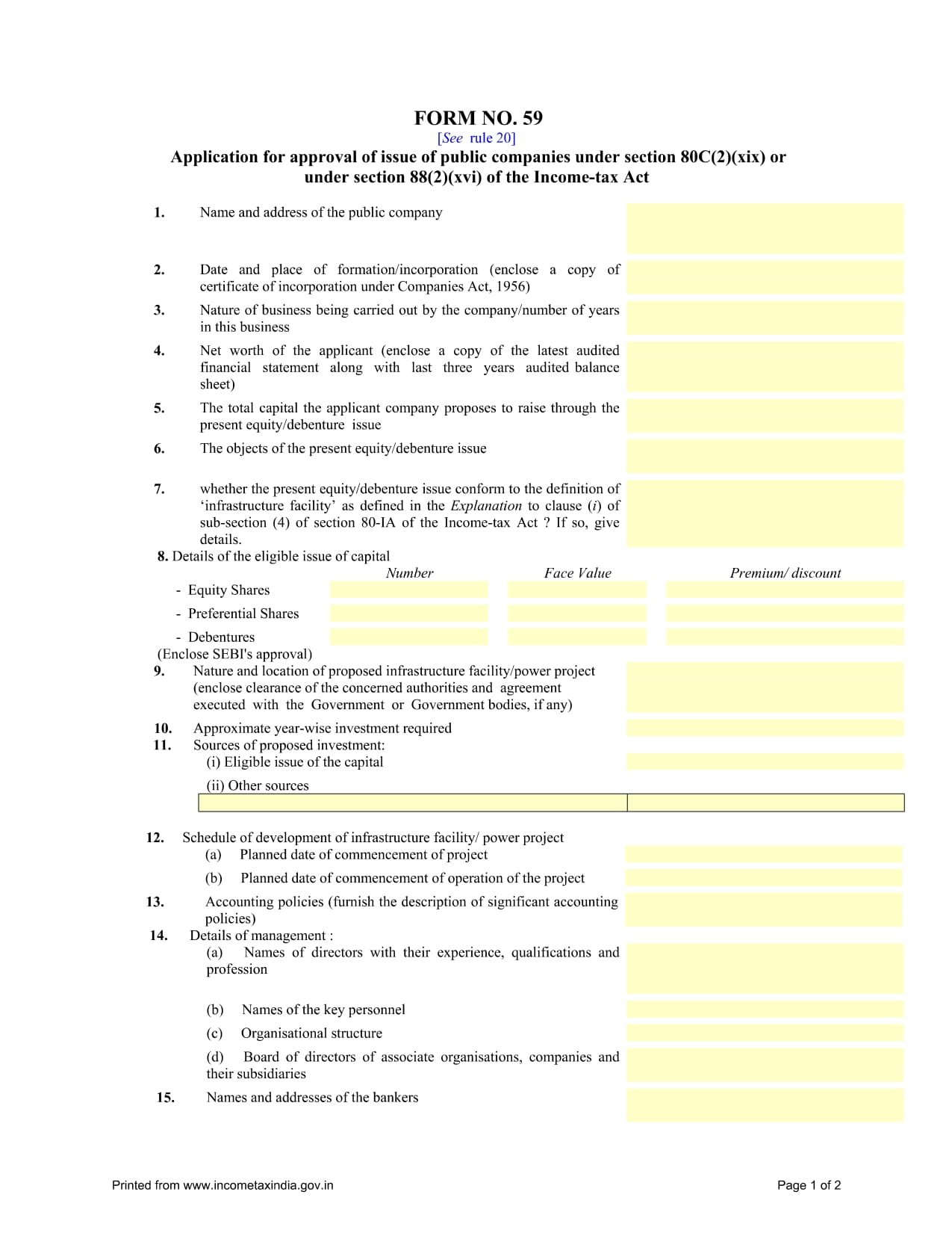 Income Tax Form No.59 Download Application for approval of issue of public companies