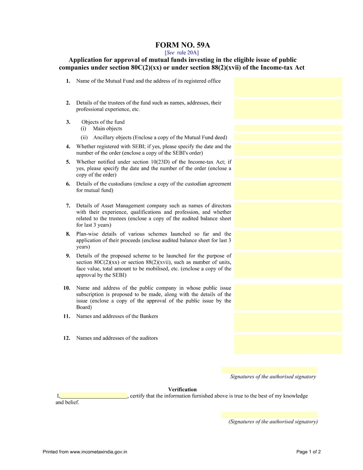 Income Tax Form No.59A Download Application for approval of mutual funds investing