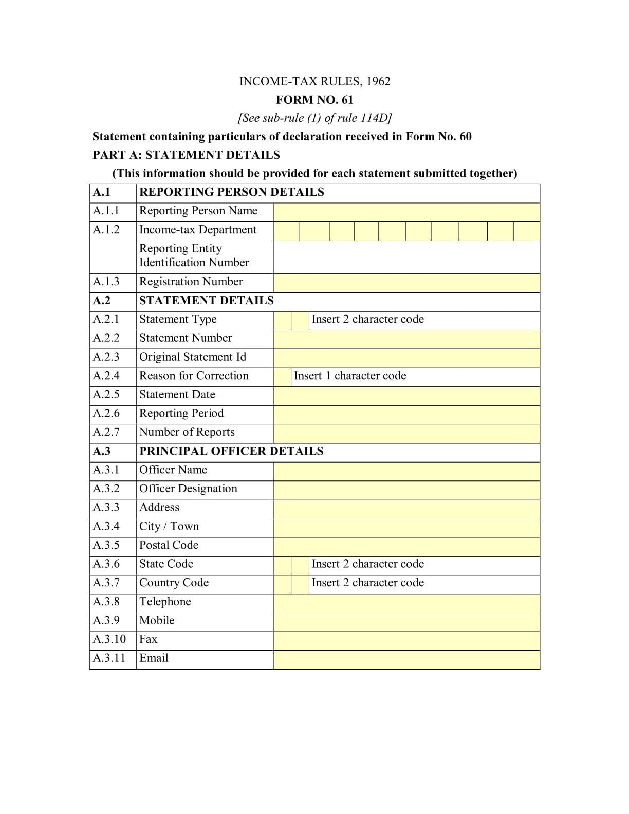 Income Tax Form No.61 Download Statement containing particulars of declaration received in Form No. 60