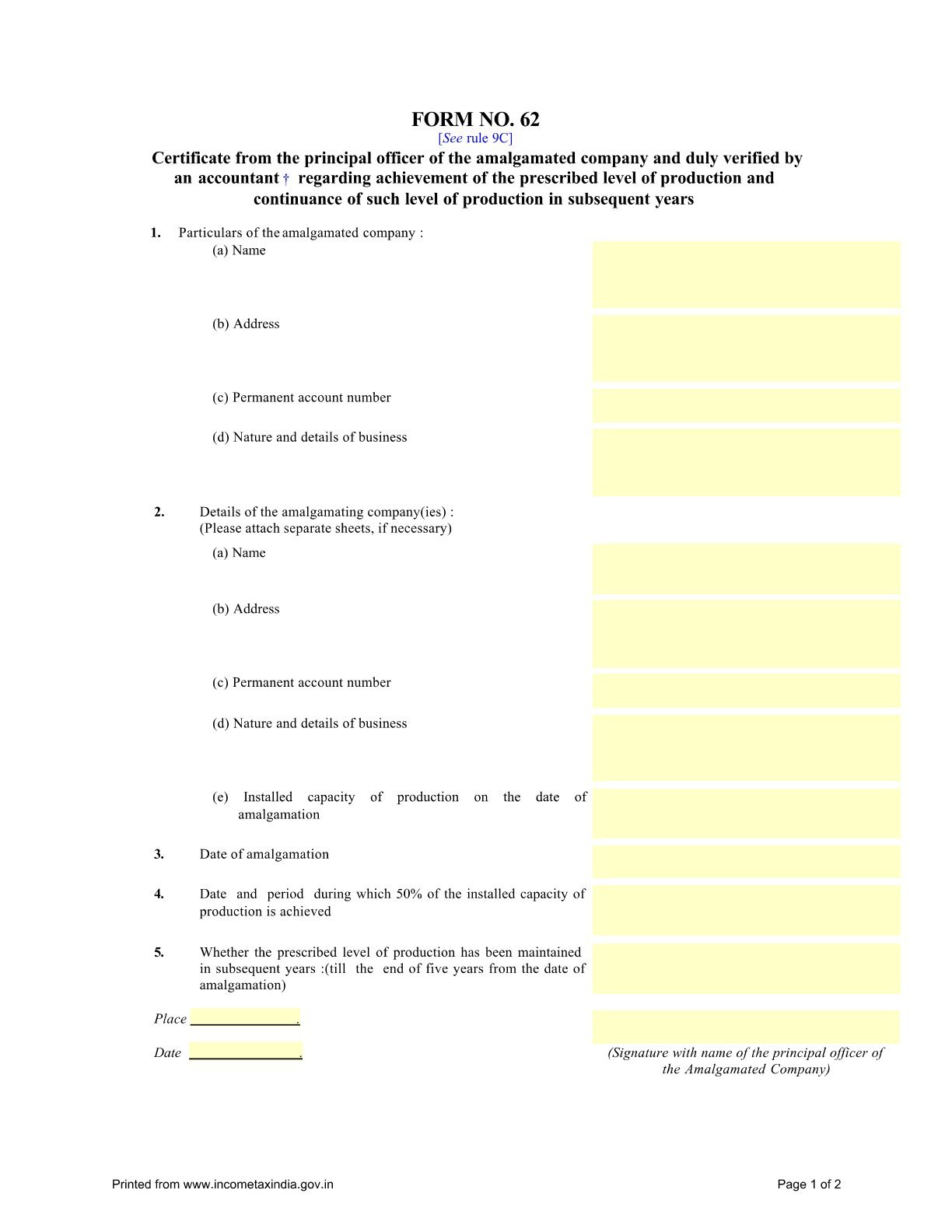 Income Tax Form No.62 Download Certificate from the principal officer of the amalgamated