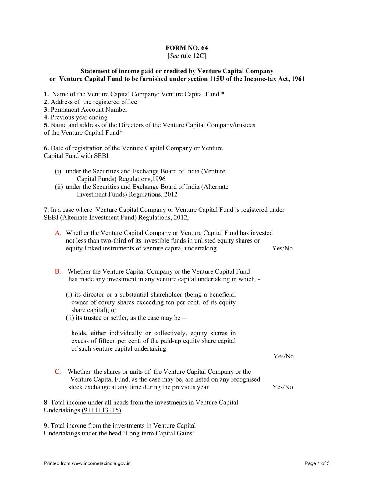 Income Tax Form No.64 Download Statement of income distributed by Venture Capital Company