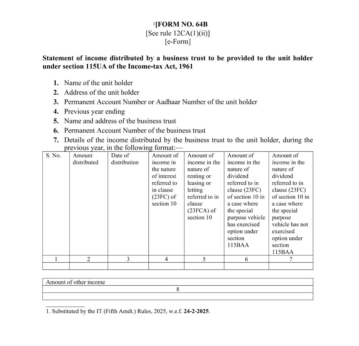 Income Tax Form No.64B Downlaod Statement of income distributed by a business trust to be provided