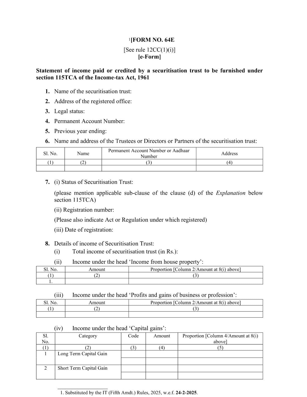 Income Tax Form No.64E Download Statement of income paid or credited by a securitisation