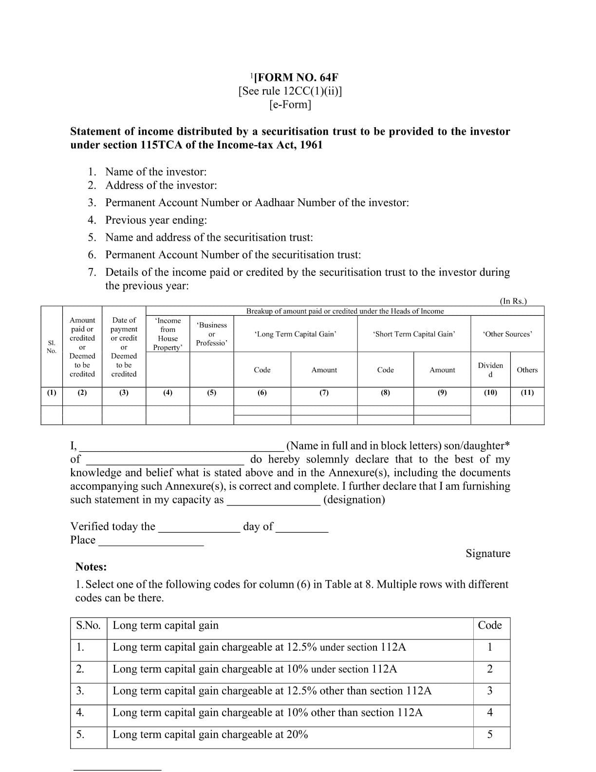 Income Tax Form No.64F Download Statement of income distributed by a securitisation trust