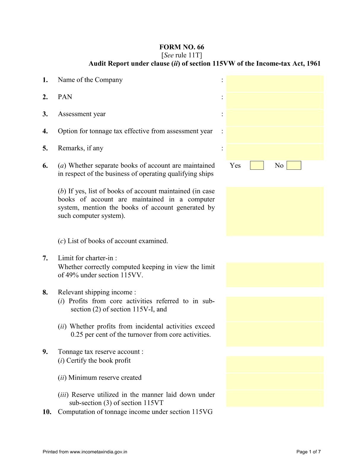Income Tax Form No.66 Download Audit Report under clause (ii) of section 115VW of the Income-tax Act, 1961