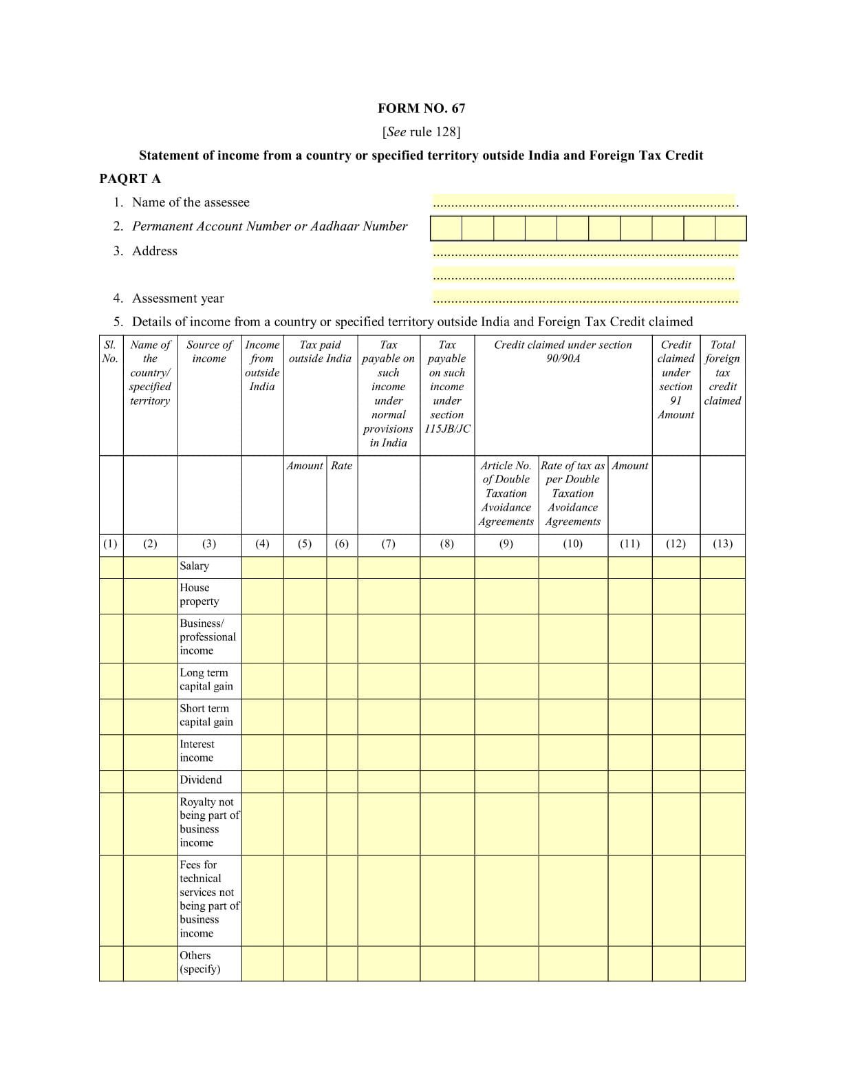 Income Tax Form No.67 Download Statement of income from a country or specified territory outside India and Foreign Tax Credit