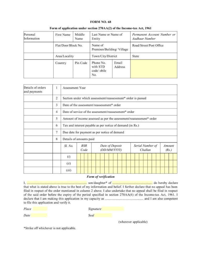 Income Tax Form No.68 Download Form of application under section 270AA(2)