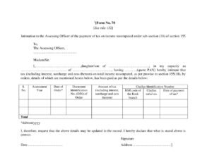 Income Tax Form No.70 Download Intimation to the Assessing Officer of the payment of tax