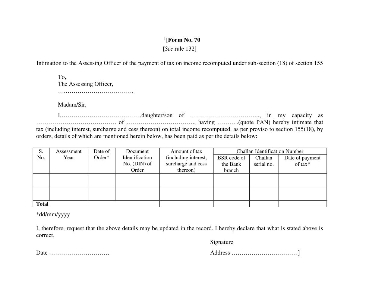 Income Tax Form No.70 Download Intimation to the Assessing Officer of the payment of tax