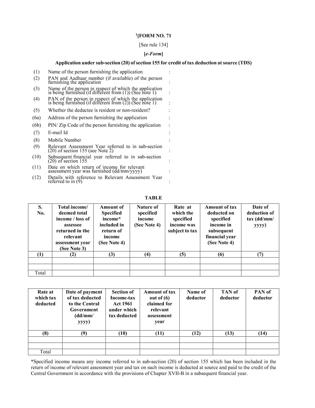 Income Tax Form No.71 Download Application under sub-section (20) of section 155