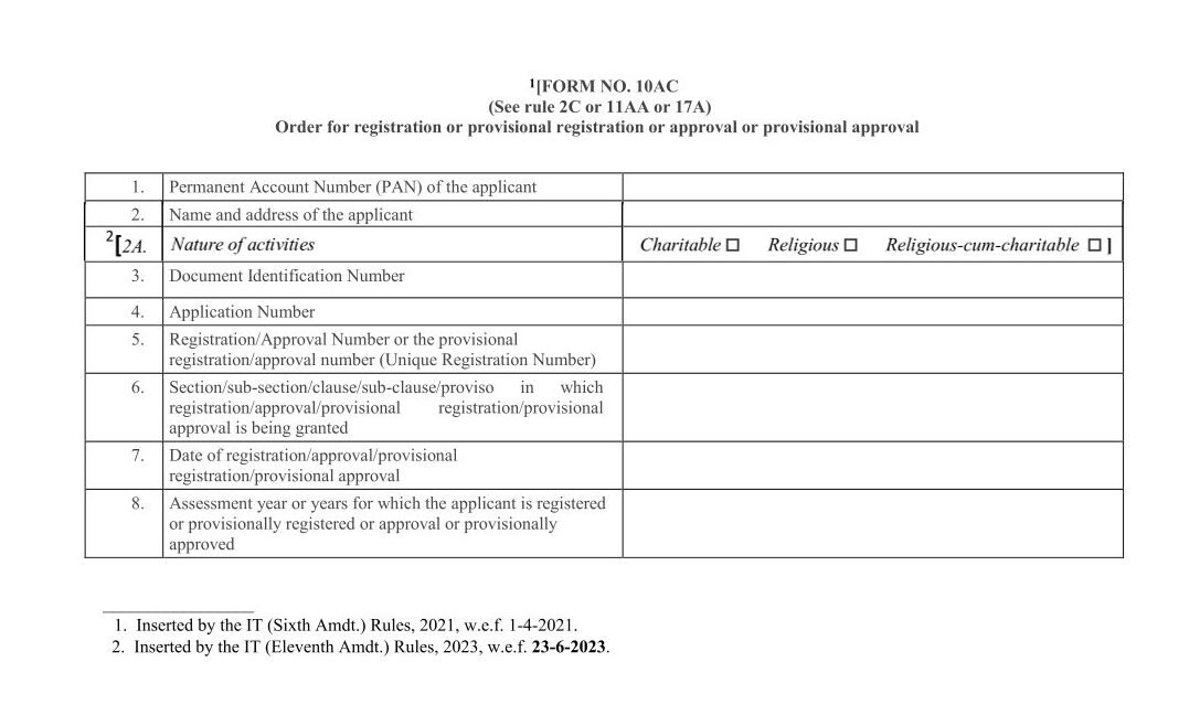 Income Tax Forma No. 10AC Download Order for registration or provisional registration