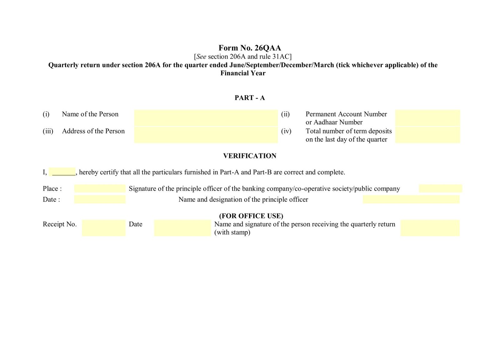 Income tax Form No.26QAA Download Quarterly return under section 206A for the quarter ended
