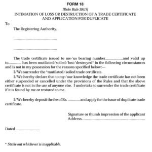 Motor vehicles Form 18 Intimation of Loss of Destruction of a Trade Certificate and Application for Duplicate