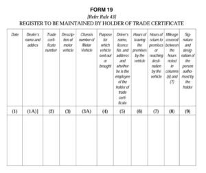 Motor vehicles Form 19 Download Register to be maintained by the Holder of Trade Certificate