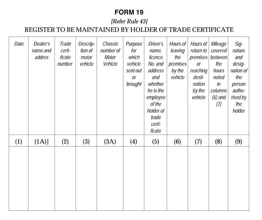 Motor vehicles Form 19 Download Register to be maintained by the Holder of Trade Certificate