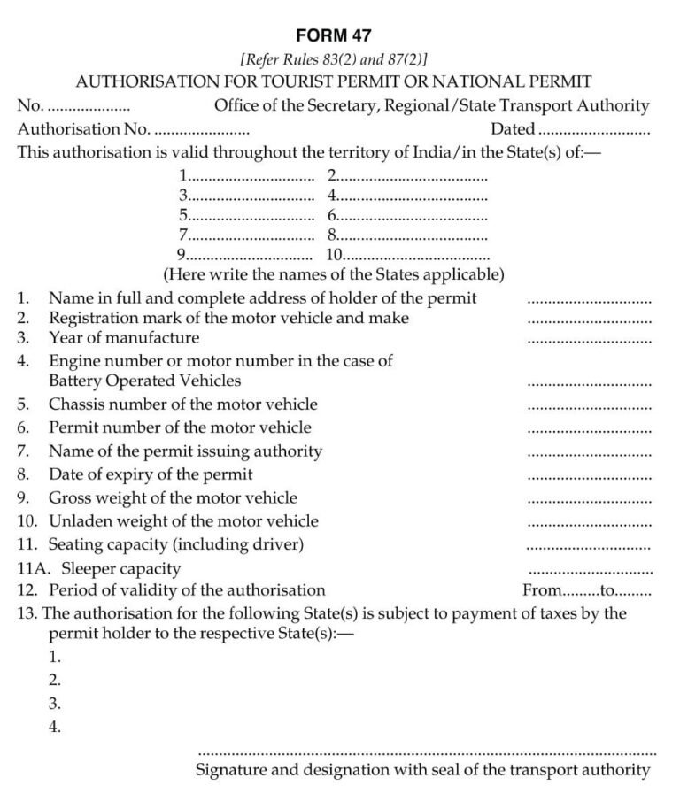 Permit Related Form 47 Download Authorisation for Tourist Permit or ...