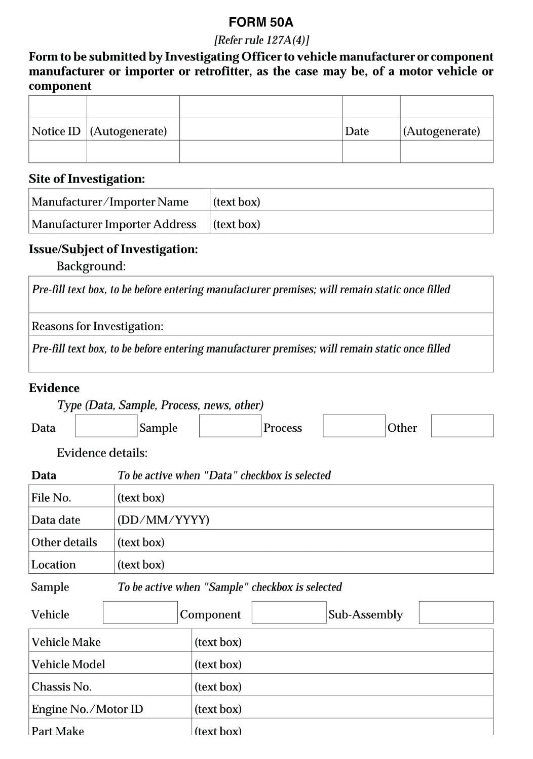 Vehicle Recall Form 50A Download submitted by Investigating Officer to vehicle